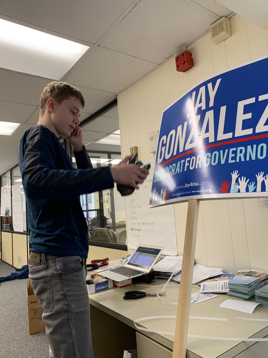 jt_troop's tweet photo. .@MaxTeszler showing the definition of #grassroots. Not only is he phonebanking for Jay Gonzalez, @elizabethforma, @maura_healey, and the rest of the phenomenal @massdems ticket. He’s using his other hand to make signs for @jay4ma! #mapoli #aimhigh #org2win https://t.co/s7CHochuj7