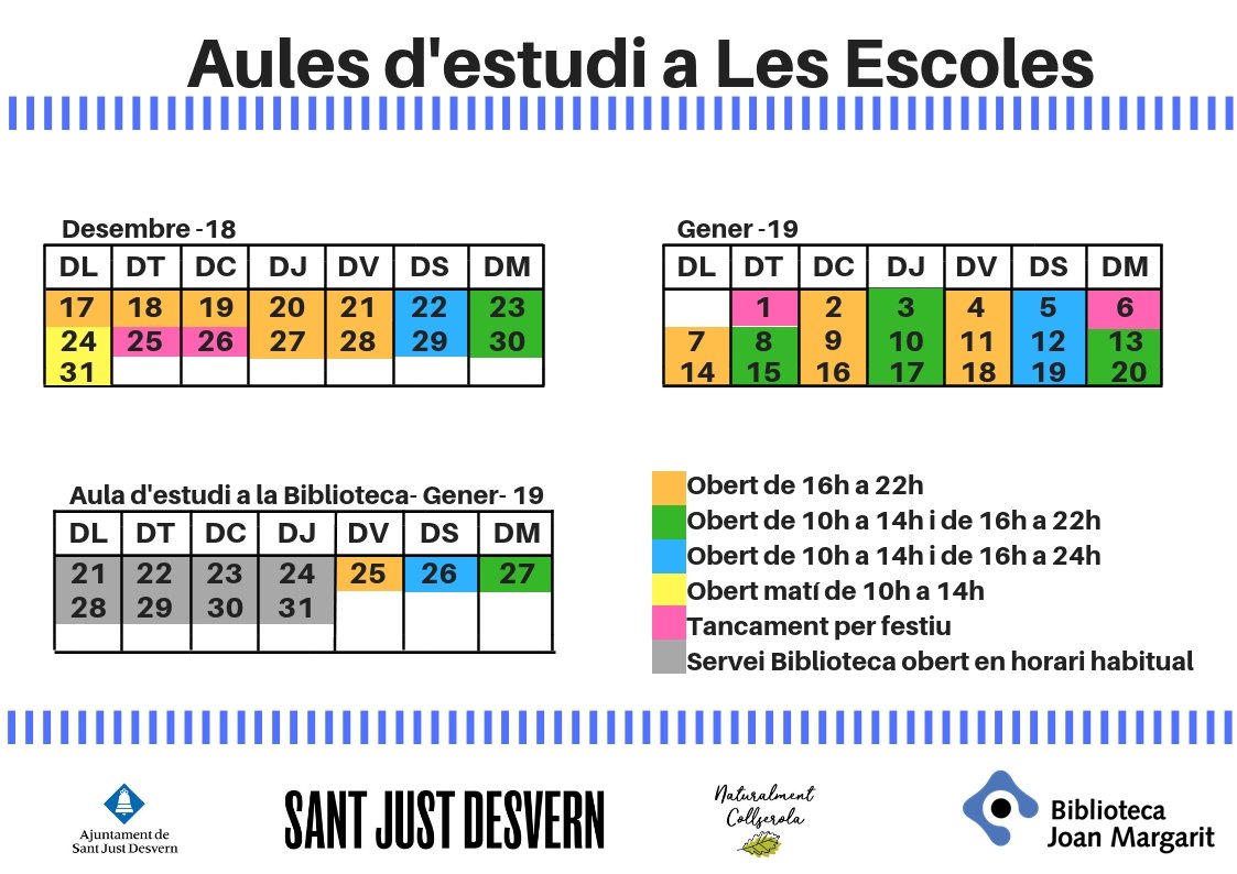 BibJoanMargarit's tweet photo. Les aules d'estudi d'aquest any les passem a Les Escoles, a causa del tancament temporal de la biblioteca per obres. #BJM #millorempertu #SantJust https://t.co/TSwIaKqdeI