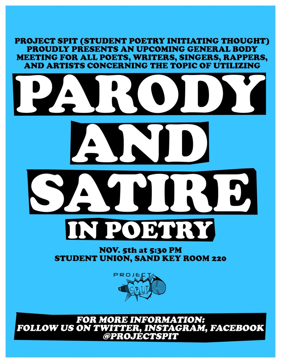 ProjectSPIT's tweet image. AFTERNOON, ARTISTS! I HOPE YALL AREN'T SLEEPING ON TODAY'S GENERAL BODY MEETING ALL ABOUT PARODY AND SATIRE, RIGHT? GOOD! WE'LL SEE YOU TODAY AT 5:30 PM! 😎👌
#ucf #projectspit #ucf18 #ucf19