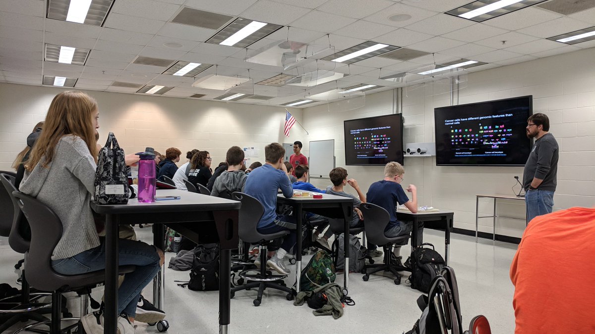 WestSciGuy's tweet photo. Thanks to Dr. Mortimer and his graduate assistant Basheer Becerra from @IllinoisStateU for speaking to the Normal West Computer Science Associate's degree program about how computational biology can be used to treat disease and study genetics #WestSTEM #BNSTEM https://t.co/SlQLGyaxEh