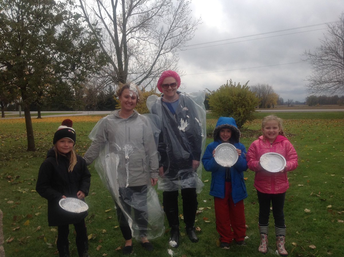 We Scare Hunger Winners threw pies at their teachers today. Thank you to Mrs Klassen and Ms Carter for being such great sports! A big Downie Dolphin shout out to all our students who donated over 1900 items to our local food bank.