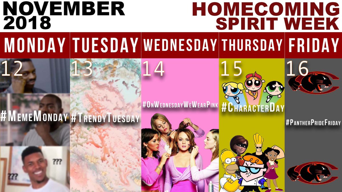 TishasaurusTV's tweet photo. Here Is The Homecoming Spirit Week🧡
On Monday and Tuesday I would like to do a Photo Challenge on social media to engage participation and whoever shows the most spirit with the best attire will win a gift card. Make sure to take @tishaasaurus or use #CUHC2k18 🧡 https://t.co/vIgOY4tKLB