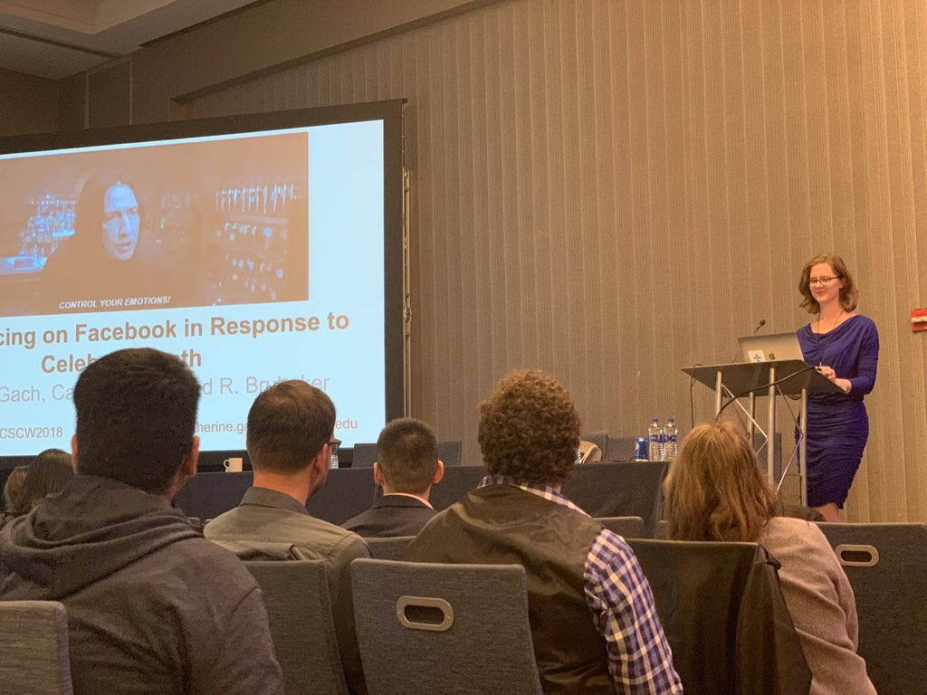 whatknows's tweet image. .⁦@kzgach⁩ shares our research on grief policing following celebrity deaths. #cscw2018 ⁦@cuinfoscience⁩