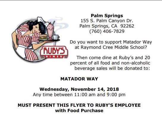 matadorsRCMS's tweet photo. Do you want to support Matador Way at RCMS?
Then come dine at Ruby’s and 20% of all food and non-alcoholic beverage sales will be donated to:
MATADOR WAY
Wednesday, November 14, 2018
Any time between 11 am and 9 pm
MUST PRESENT THIS FLYER TO RUBY’S EMPLOYEE with Food Purchase https://t.co/5mMEh3XO9E