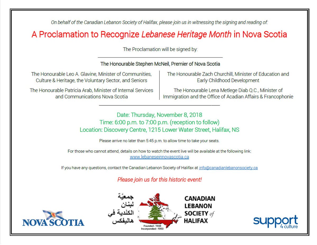 November is being proclaimed as Lebanese Heritage Month in #NovaScotia. I am happy to be helping organize this historic event with the community. Please share! Everyone is welcomed.
#LebaneseHeritageMonth #nsgov
