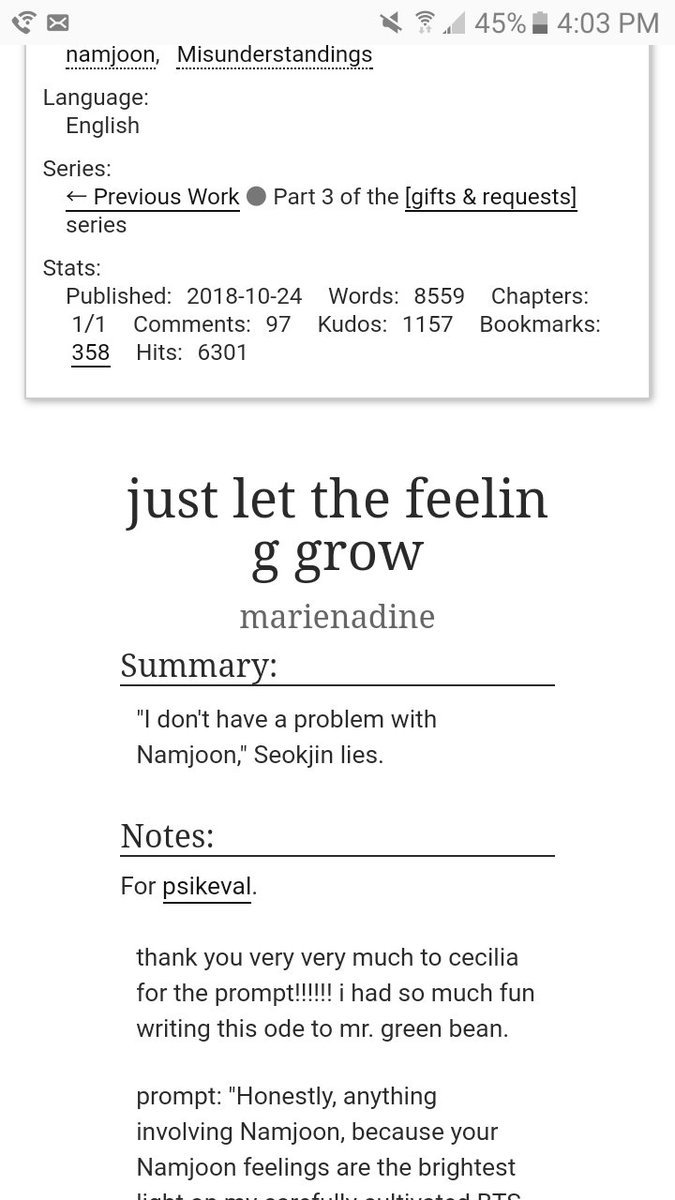 just let the feeling grow by marienadine• i love this?? so much holy shit• jin refuses to meet joon bc of misconceptions • but then he meets him and realizes hes an utter dork• read purely for joons collection of moth pics  https://archiveofourown.org/works/16384562 