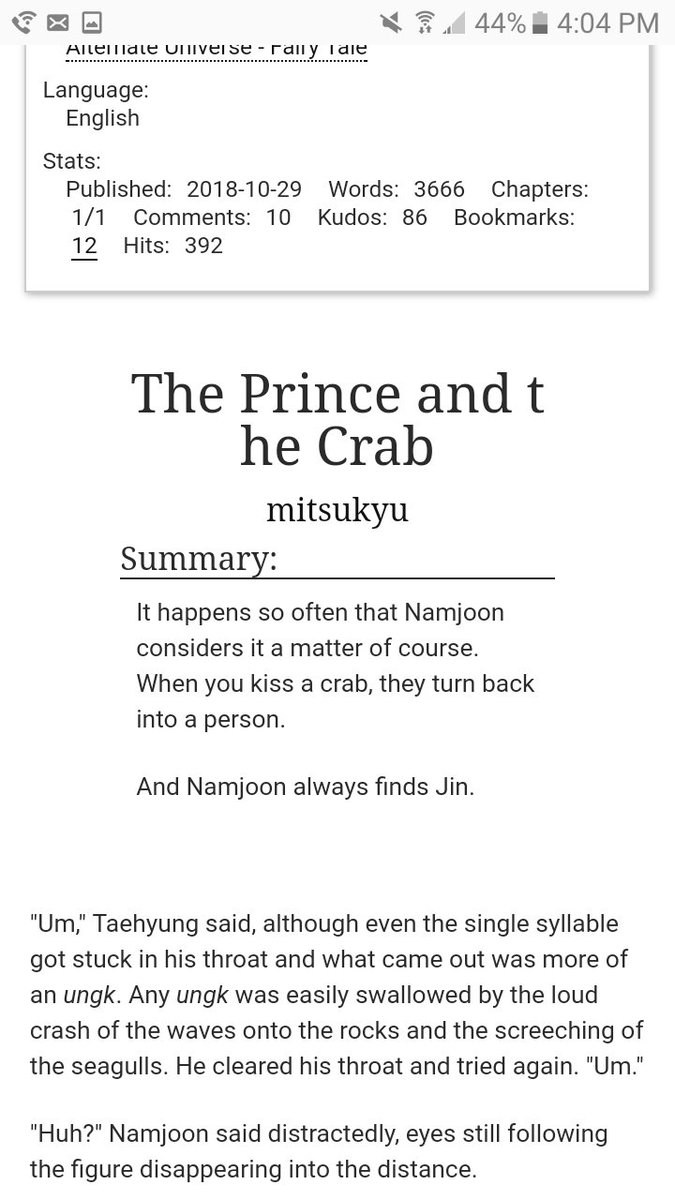 The Prince and The Crab by mitsukyu• ive been waiting for someone to write this• for some reason the crab joon kisses always ends up being jin • funny and cute• tag urself im jungkooks logic  https://archiveofourown.org/works/16453169 