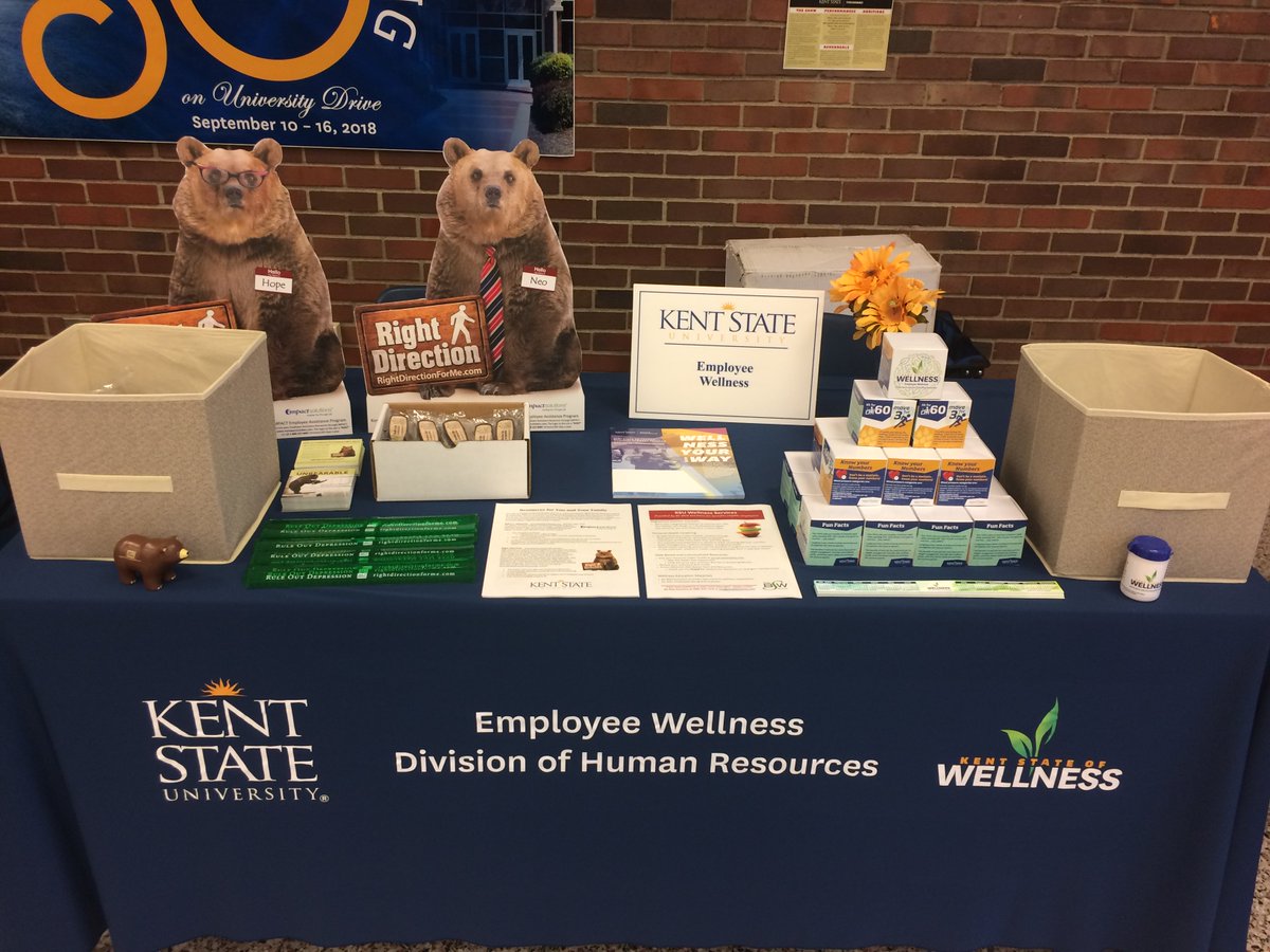 dduffy_ksu's tweet photo. Same table, different campus. Employee Wellness table layout for the KSU regional campus Open Enrollment &amp; Wellness Fairs. Pictured here are Tuscarawas, Geauga &amp; Trumbull. We love visiting each campus &amp; engaging w/ employees to ensure they are informed about wellness! #HealthyKSU https://t.co/dDaMgLhKSX