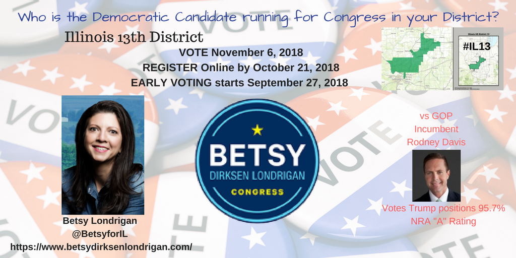 postcards4USA's tweet photo. @MyrthMystic @DemWrite Democratic Candidate #IL13
Betsy Londrigan @BetsyforIL
https://t.co/pbI20cOLQY

#VoteBlueIL #Midterms2018 #WaveCastIL
vs GOP Rodney Davis

THREAD of ALL Democratic Candidates &amp; Voter Info for #Illinois here: https://t.co/o3j1fdkOwU https://t.co/vkOkIkuRMR