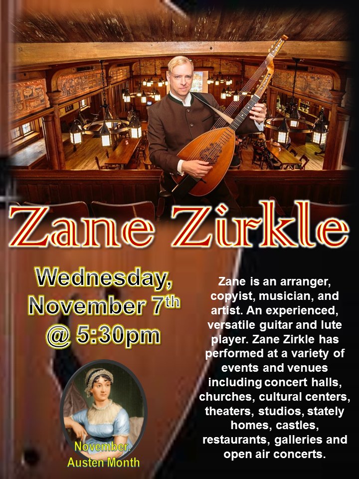 Please join us on Wed., Nov 7, 5:30pm when Zane Zirkle - classical guitarist &amp; composer will play styles ranging from Renaissance, Baroque, German &amp; Italian songs, &amp; Christmas Music.  Zane's beautiful art is also on display.  Free event, light refreshments will be served.