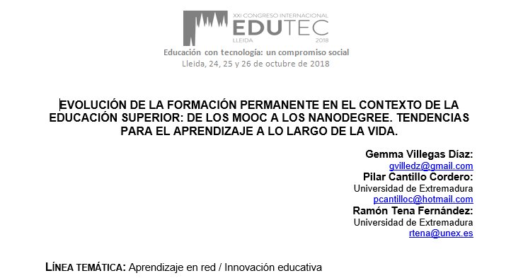 gvilledz's tweet photo. Encantada de compartir reflexiones a través de los Foros Online de #edutec2018 "XXI edición Congreso Internacional Educación con Tecnología: un compromiso social". Hablamos sobre #MOOC #Nanodegree #EducaciónSuperior https://t.co/XvZg30jRqU