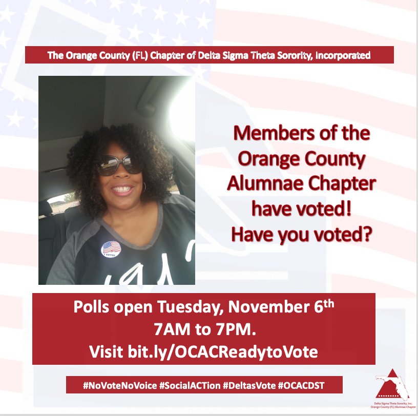 OCACFLDST's tweet photo. Members of the Orange County (FL) Alumnae Chapter have voted! Have you voted?
Polls open Tuesday, November 6, 7:00 AM to 7:00 PM.
.
.
#OCACDST #DeltasVote #SocialACTion #DST1913 #NoVoteNoVoice #DST2018 https://t.co/FxP6Mxm6xR