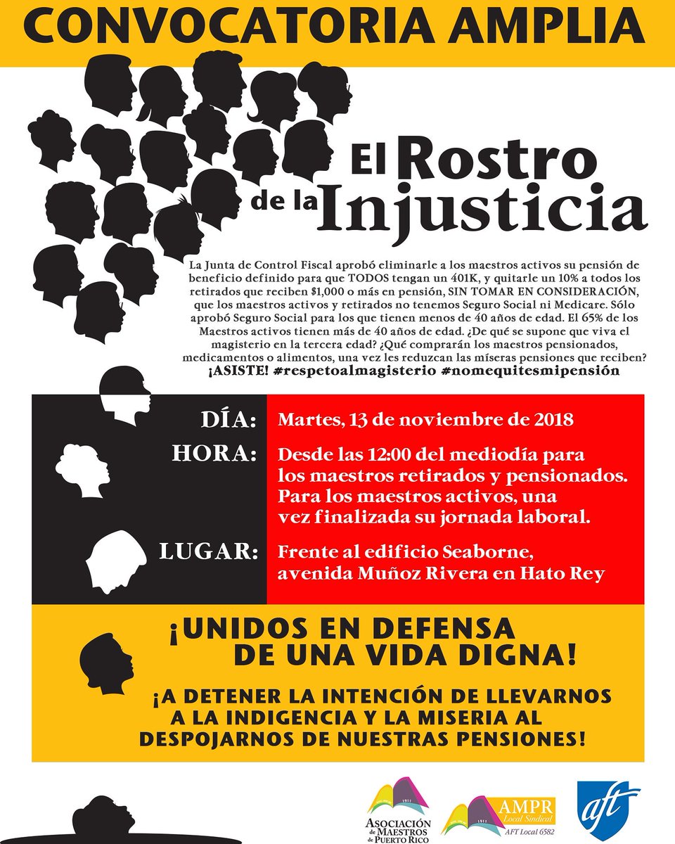 La Junta de Control Fiscal aprobó dejar sin pensión a los activos, obviando la orden del Supremo a favor de la Asociación en el 2014, y además, bajársela a los retirados. ¿De qué vamos a vivir?

 Míralo y compártelo:
youtu.be/eJxSnznOVHg
