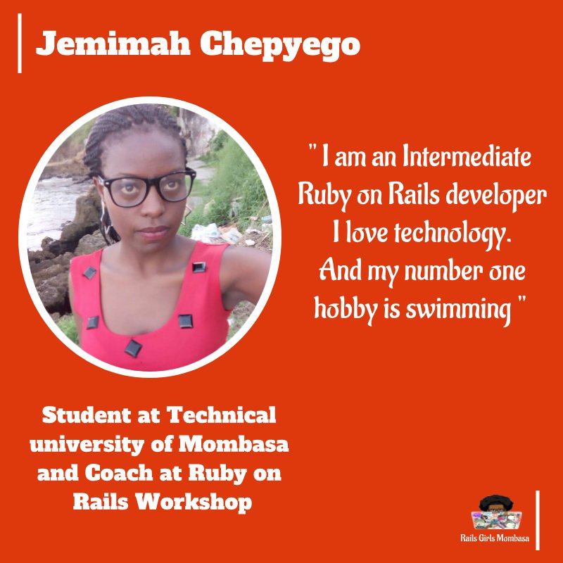 railsgirls_msa's tweet image. 3 days to go and we introduce even more coaches today!
starting our line up today,@JemmyAwesome
What more can we say,she is an awesome Gem!
Follow her & you will definitely know how persistent she can get when it comes to coding.She is an inspiration! #CodingGems #RailsGirlsMsa
