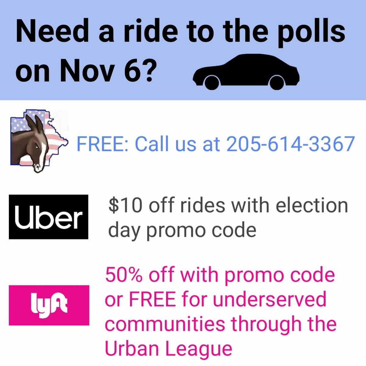 Need a lift? You can count on <a href="/TuscaloosaDems/">Tuscaloosa Dems</a> <a href="/Uber/">Uber</a> &amp; <a href="/lyft/">Lyft</a> TOMORROW!! See you at the polls, Alabama.