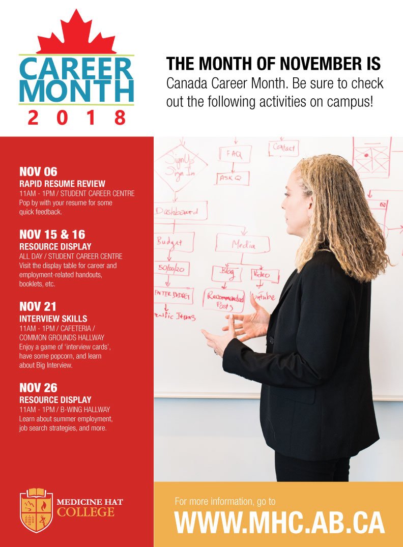 MHCollege's tweet image. The MHC Student Employment &amp;amp; Career Centre is celebrating Canada Career Month with a variety of activities throughout November. Take advantage of rapid resume review tomorrow from 11a.m. - 1p.m.