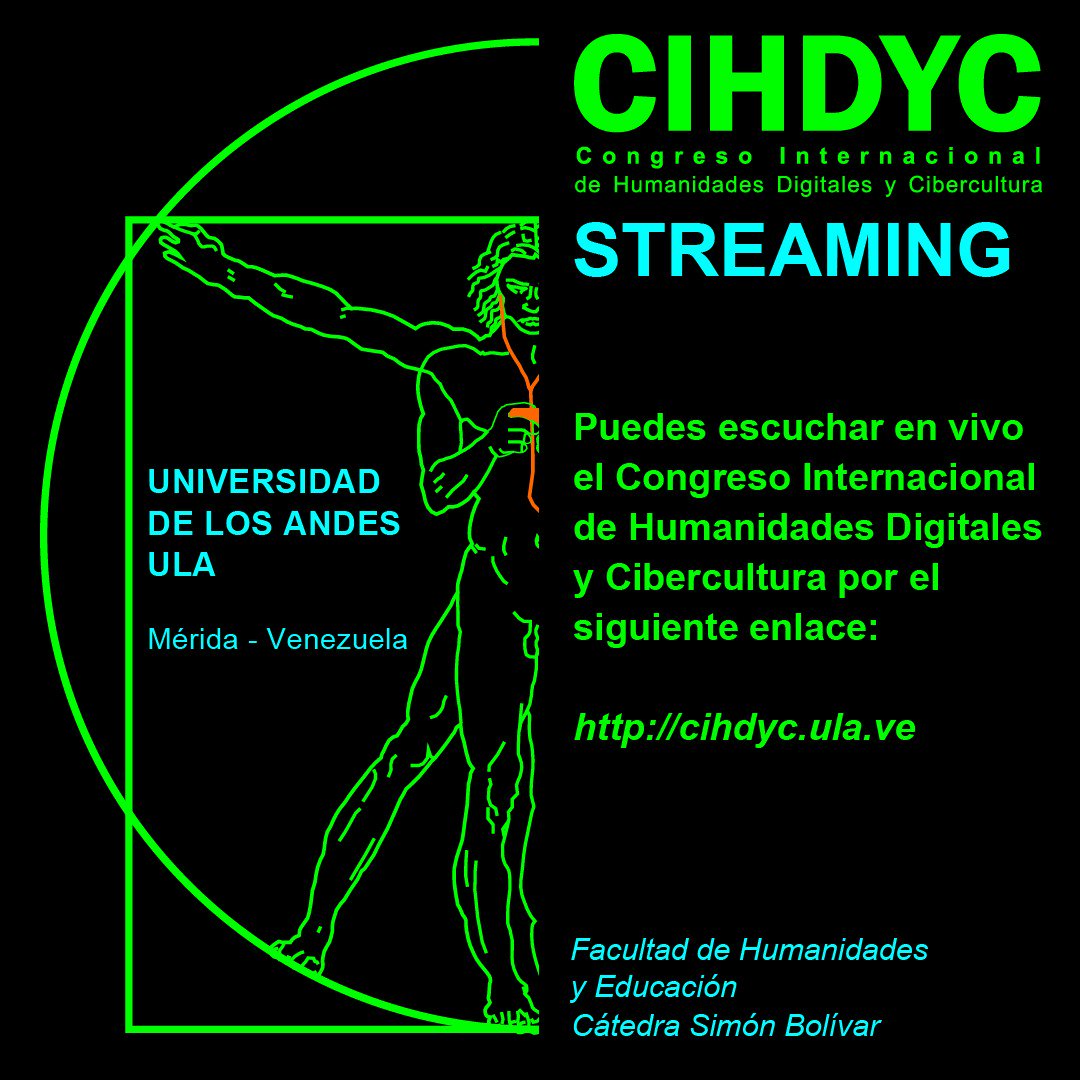 Éste miércoles 7 de noviembre a partir de las 8:45am, puedes escuchar a <a href="/ekbufalo/">Erik Del Bufalo</a> por el canal de Streaming cihdyc.ula.ve y puedes enviar tus preguntas por <a href="/ciberhumanidad/">Humanidades Digitales y Cibercultura</a> el día del evento.
#ULA <a href="/ULA_Venezuela/">Univ. de Los Andes</a> #Mérida #Venezuela #Evolución