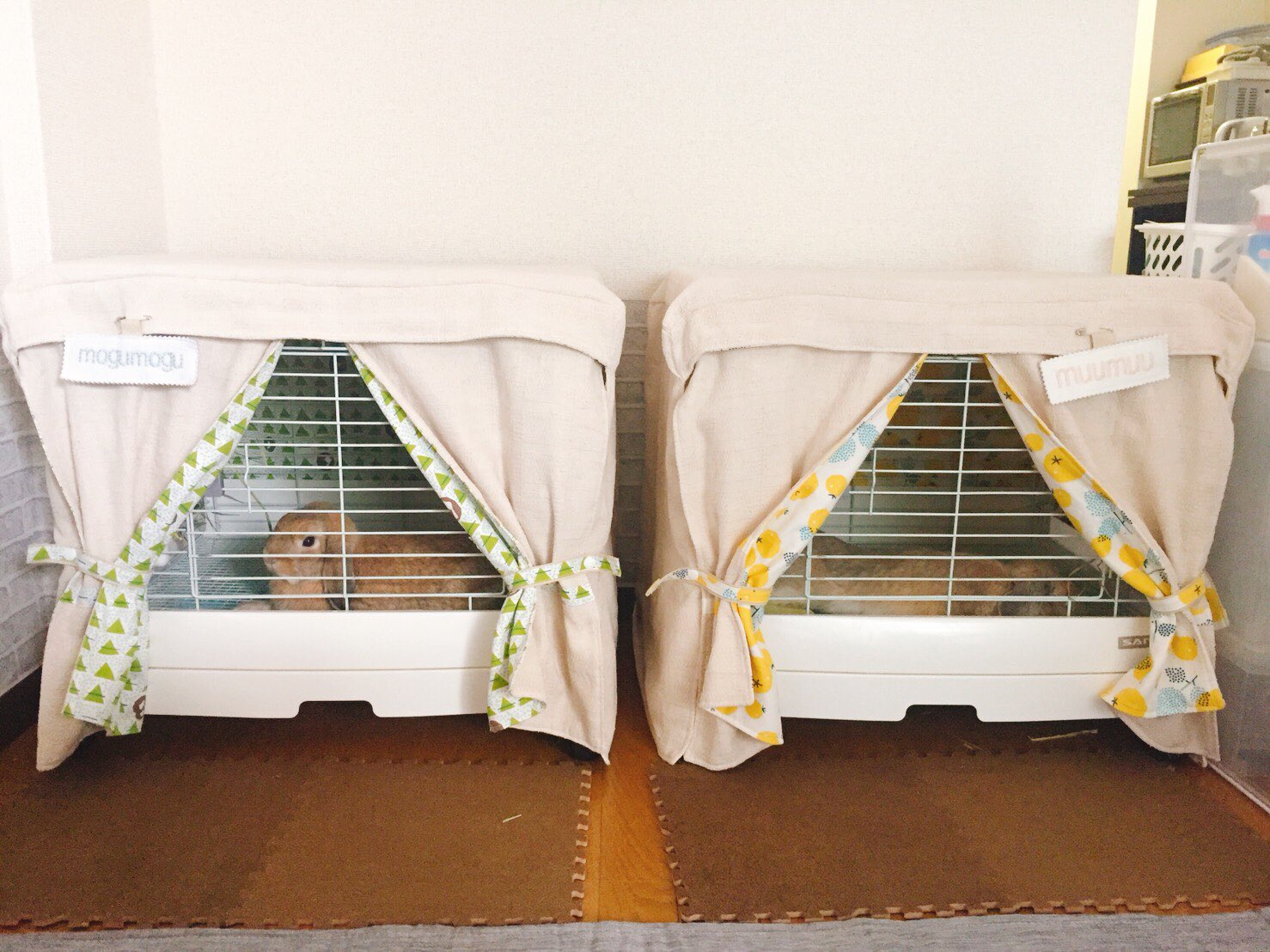 Twitter 上的 モグモグとムームー 母にウサたちのケージカバー作ってもらいました 名札付き モグモグとムームー 手づくり 手芸部 ケージカバー うさぎ T Co Aryoyqvd Twitter