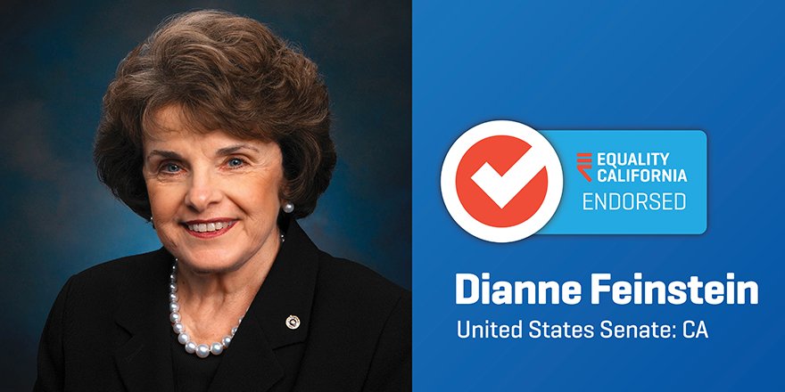 .@EQCA is proud to endorse @DianneFeinstein for re-election to the U.S. Senate because she has had our backs in Washington, DC throughout her career. A staunch #LGBTQ ally, Sen. Feinstein will continue to fight for full equality. eqca.org/our-endorsemen… #Vote4Equality