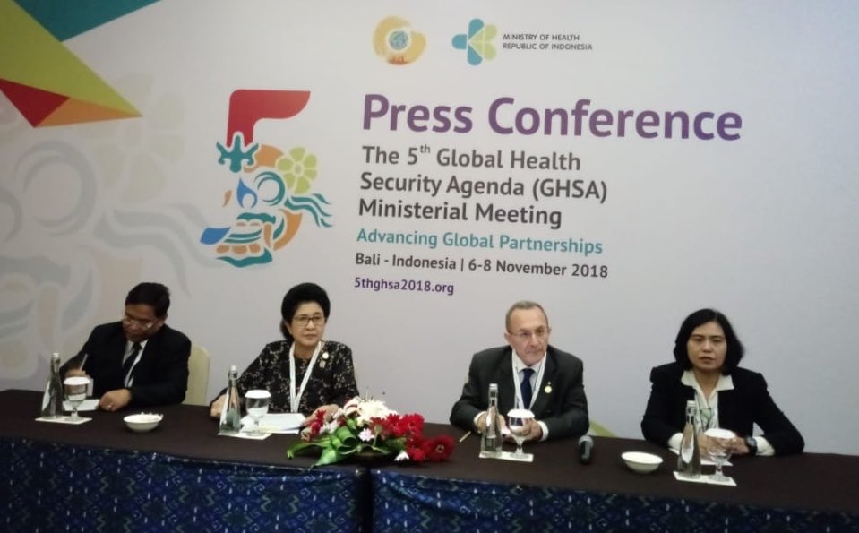 During the press conference at the #5thGHSA2018, Steering Group Chair, Sec. General Giuseppe Ruocco, Ministry of Health Republic of Italy, emphasized that the goal of GHSA is working together and acting as a global community to prevent biological risks. #GHSAIndonesia