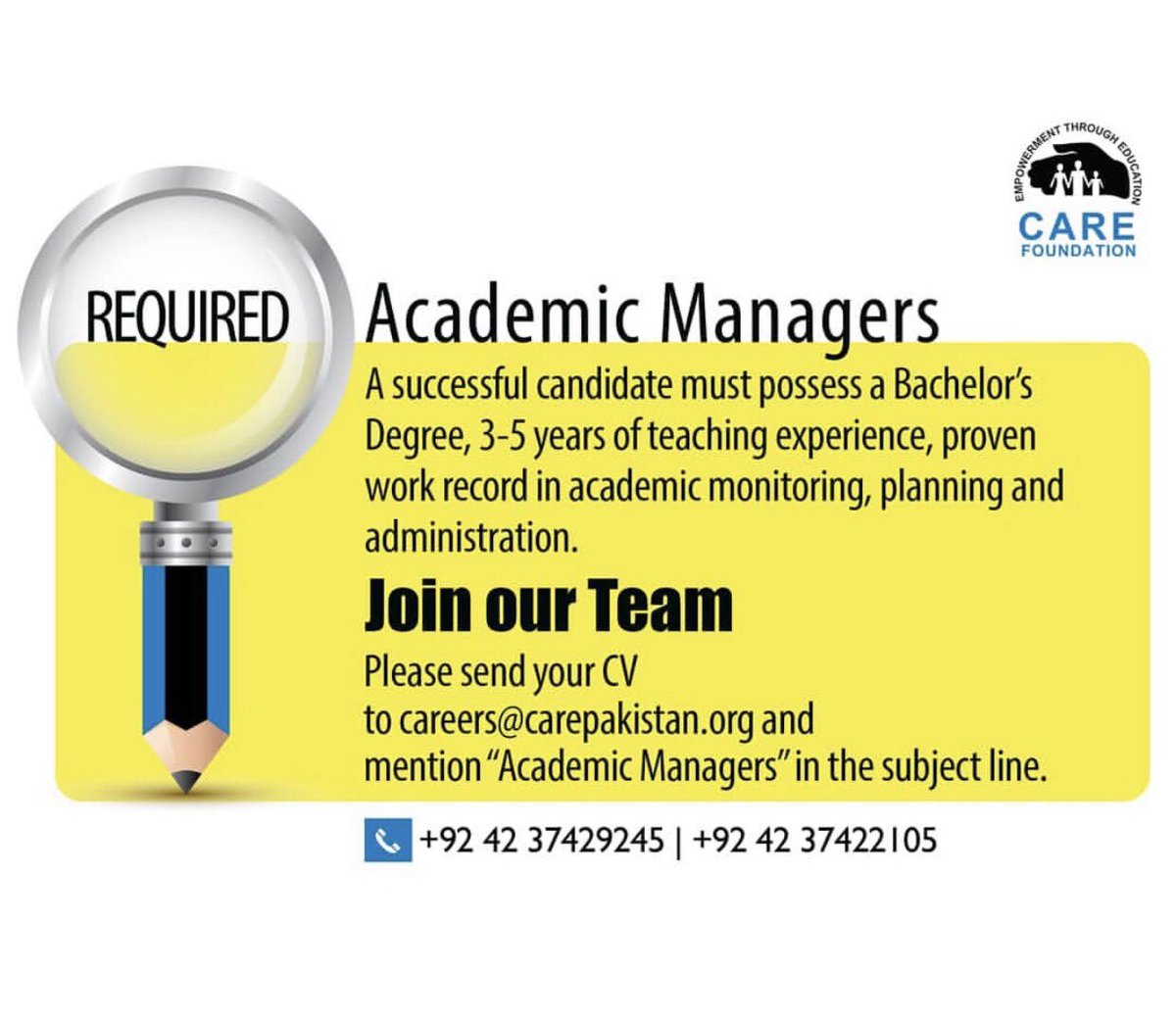 CAREFoundation_'s tweet photo. We are looking for Academic Managers for our offices in KARACHI. Please apply at careers@carepakistan .org if you have relevant experience.
#hiring #jobopportunity #academicmanager https://t.co/36j51hFvVq