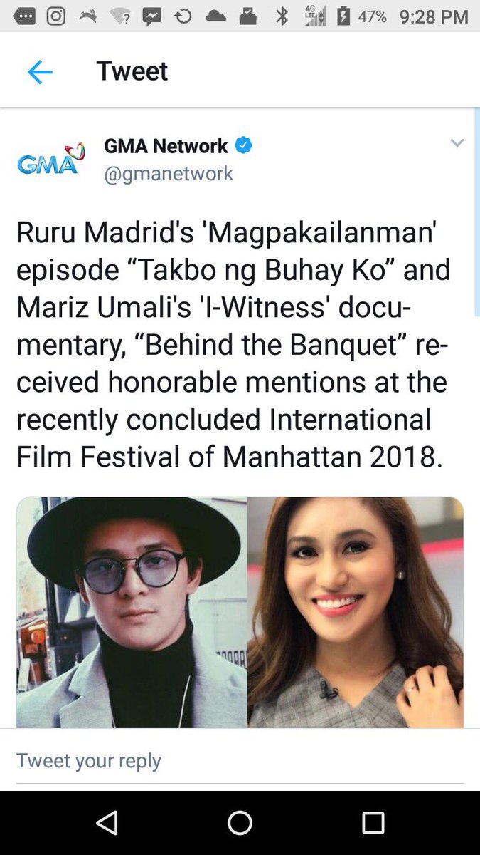 getreel2016's tweet photo. Kapuso actor Ruru Madrid, GMA reporter Mariz Umali receive honorable mentions in the International Film Festival of Manhattan 2018 #IFFMNYC2018 https://t.co/BMQTX0VQ7s… plz RT https://t.co/U5hQNDMvkC