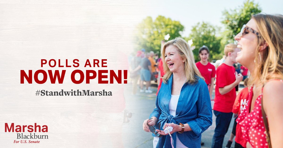 VoteMarsha's tweet photo. Tennessee - polls are now open! This election day, stand with me at the ballot box to fight for #TennesseeValues in the U.S. Senate. Find your voting location: https://t.co/n4jR7zncEV https://t.co/Ou4uorFwyY