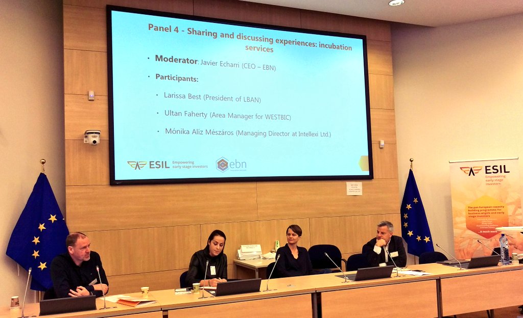 Next up @European_ESIL #AngelSummit is a panel on #Sharing & #discussing #experiences on #incubationservices moderated by @EUBIC CEO @echarri_javier & panel participants @mmonikaaliz #LarissaBest @lban_lux and #UltanFaherty @West_BIC