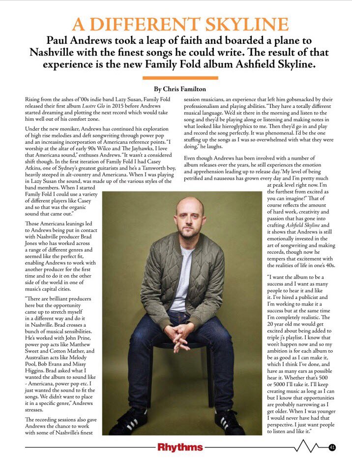 The good people at <a href="/RhythmsMag/">Rhythms Magazine</a>, via <a href="/ChrisFamilton/">Chris Familton</a> have had a chat to me about my new <a href="/FamilyFold/">familyfold</a> album, Ashfield Skyline, what it was like recording in Nashville, and my failing and decrepit nervous system. Have a geez...
#familyfold #ashfieldskyline