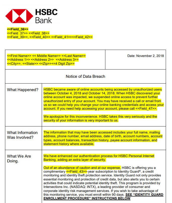 Bank Security Hsbc Bank Notice Of Data Breach Hsbc Became Aware Of Online Accounts Being Accessed By Unauthorized Users Between October 4 18 And October 14 18 T Co Pwnp25hsbh