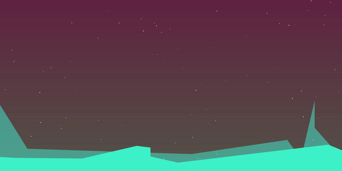 Generative art: a simple landscape with neon-coloured mountains in the foreground and some twinkly stars on a dark background.