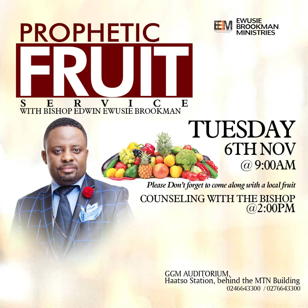 If you are willing and obedient,you will eat the good of the land. Be my guest this morning 9am for the #PropheticFruitService and 2pm for the Counseling session @ the GGM Sanctuary. I cant wait to preach and prophesy.See you soon.

- Bishop Brookman

#EwusieBrookmanMinistries