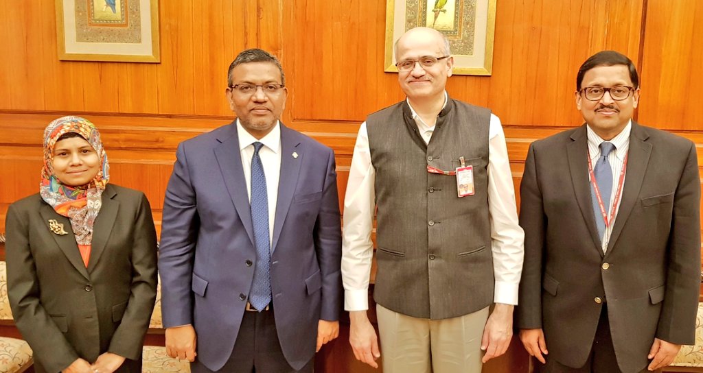 MDVinINDIA's tweet photo. This afternoon Ambassador H.E. @ahmedMDV and Foreign Secretary of #India H.E. Vijay Gokhale met at MEA, South Block. Meeting was also attended by outgoing JS IOR Mr. Sanjay Panda and DCM @shazrasattar 
@MDVForeign @MEAIndia https://t.co/HhIXwMjpTc