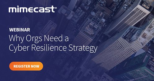 Mimecast's tweet photo. Cybercrime is inevitable. It is no longer enough to have a #cybersecurity strategy. You need a strategy that prevents attacks before, minimizes disruptions during, and quickly recovers data. Join Matthew Gardiner on 13 November to develop your strategy: https://t.co/2xYYjNU0PN https://t.co/niJ49LKrO4