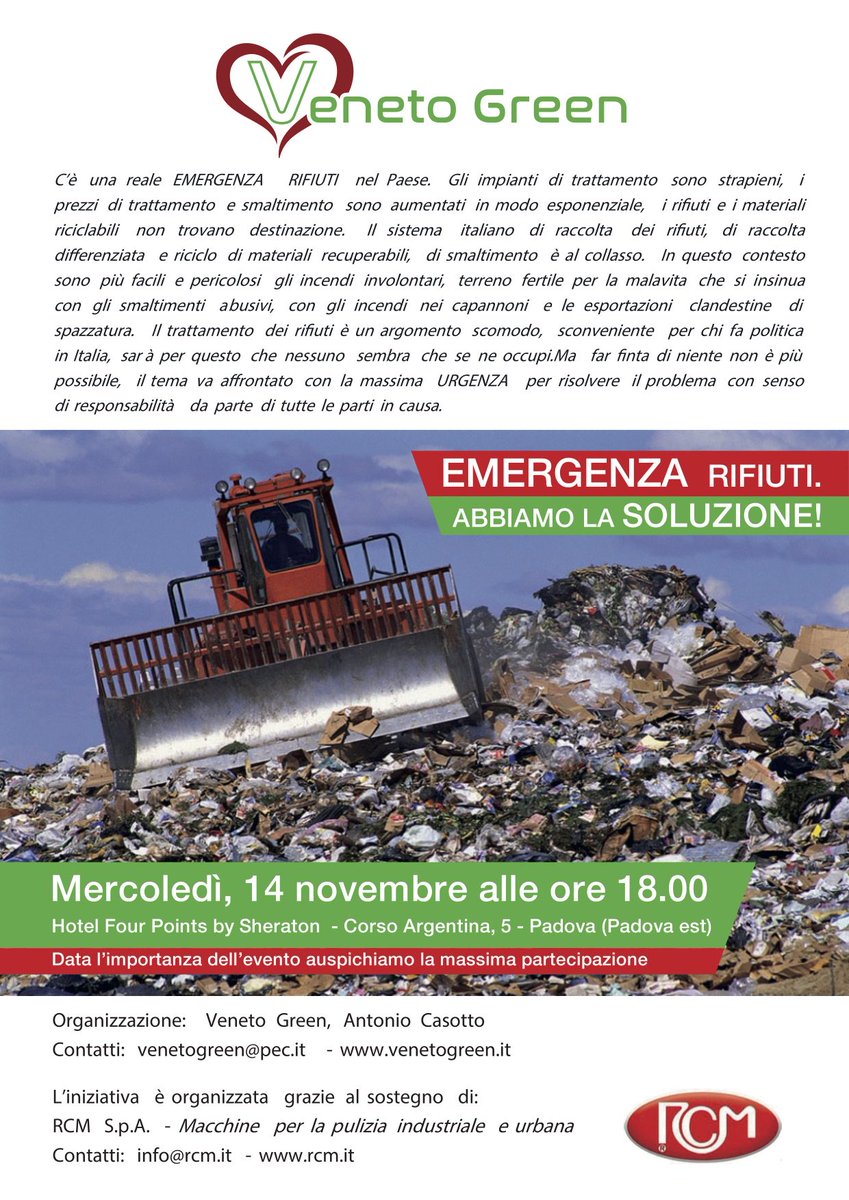 #EmergenzaRifiuti in tutta #Italia. In #Veneto proponiamo la soluzione. L'appuntamento per tutti gli operatori del settore #rifiuti e le persone interessate all'argomento, è a #Padova il 14/11 alle 18h00 presso l'Hotel Four Points by Sheraton (uscita casello Padova est).