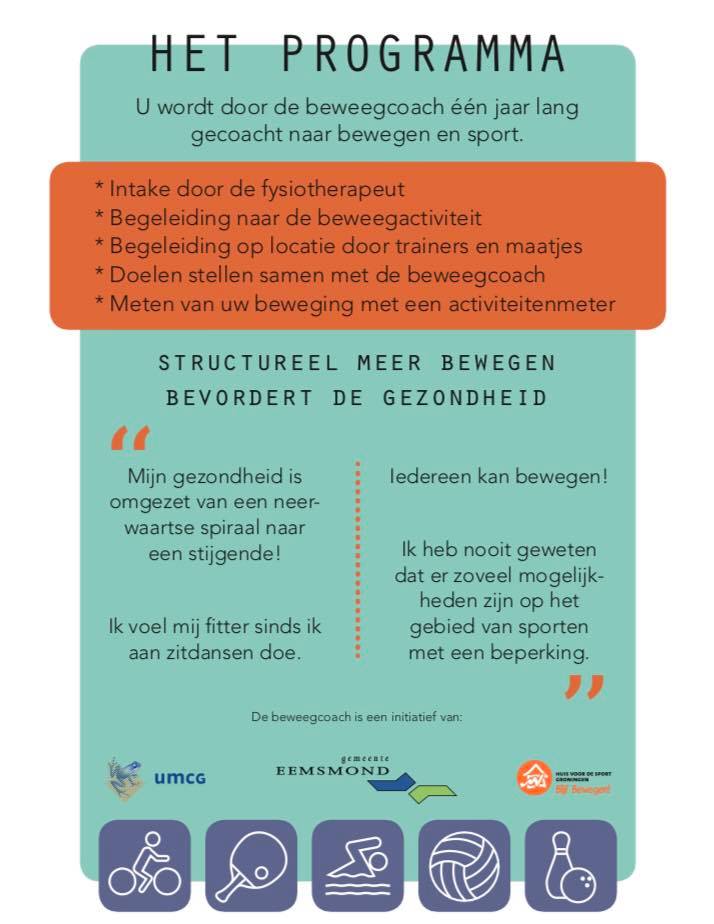 Beweegcoach+! Een samenwerking tussen het UMC Groningen, Huis voor de Sport Groningen en de Gemeente Eemsmond voor volwassenen met een lichamelijke beperking of chronische aandoening in Noord-Groningen. Meer info via: d.boekee@hvdsg.nl @GemEemsmond <a href="/HuisvoordeSport/">Huis voor de Sport</a>