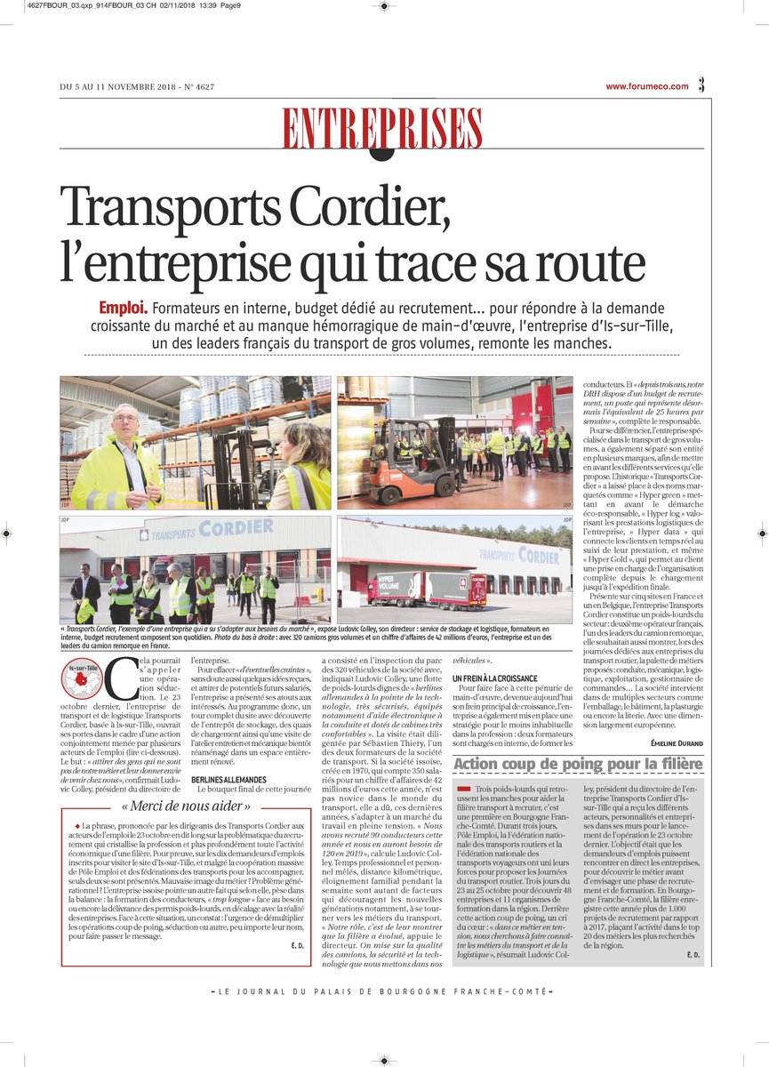Retour sur l'inauguration des journées du #transport #Routier dans cet article paru dans <a href="/JournalduPalais/">Le Journal du Palais</a> ce lundi et mettant en avant le travail effectué par <a href="/ByCordier/">Transports Cordier - Hyper Volume</a> en interne et en externe pour toujours progresser et recruter des conducteurs.