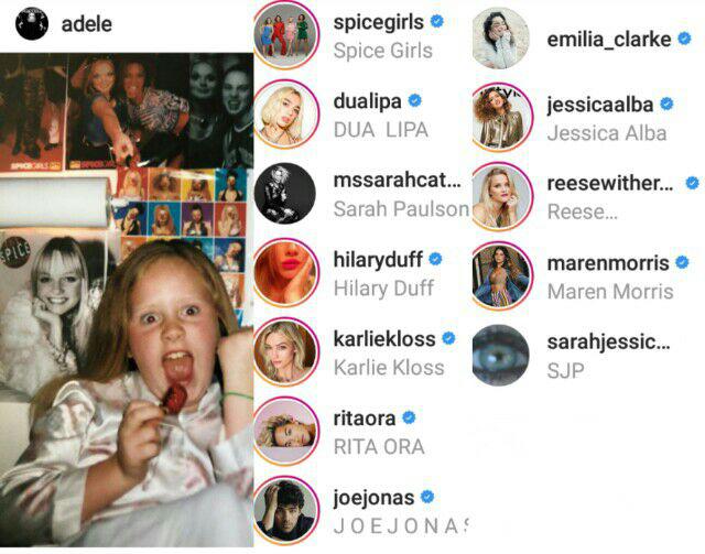 adele_instagram's tweet image. Dua Lipa, Sarah Paulson, Spice Girls, Hilary Duff, Karlie Kloss, Rita Ora, Jess Glynne, Joe Jonas, Maren Morris, Emilia Clarke, Jessica Alba and Sarah Parker  liked Adele's post
Posted on Nov/5/2018 , 12:03  UTC