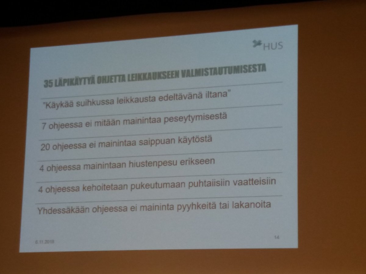 merja_ahonen's tweet photo. Miten peseydyn ennen leikkausta? Anu Hintikka HUSista kertoi tänään Into-päivillä vaihtelevista ohjeista eri sairaanhoitopiireissä. #intopaeivaet #wandersamk #IHMECproject https://t.co/nL2JJgQbTA