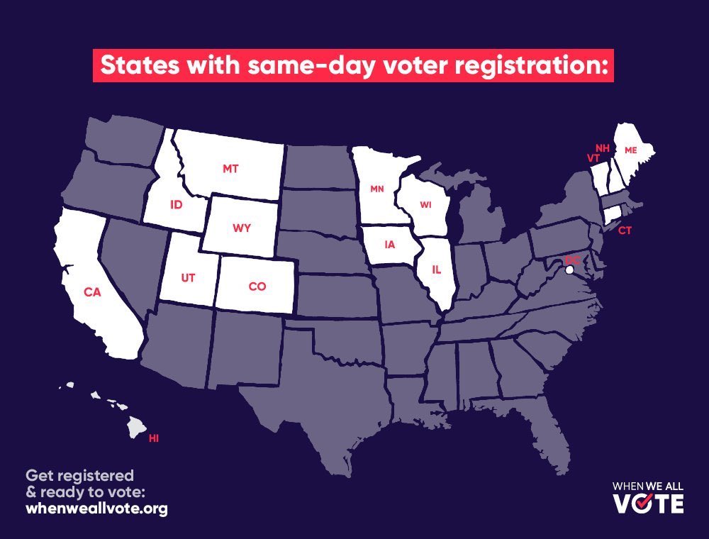 Key #ElectionDay info: - Questions or problems voting? Call 866-Our-Vote - Find your polling place by Texting “Where” to 97779 - Find our what/who is on your ballot at WhenWeAllVote.org. - And this map shows all the states where you can still register to vote today.