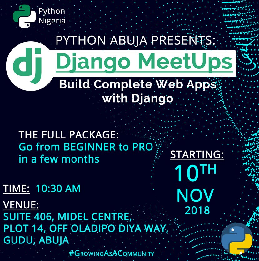 PythonAbuja's tweet image. Hello Pythonistas! This Saturday, we will start the Python Abuja Django Meetups! We are very excited about it!! Stay tuned for more information on this!
#PythonAbuja #GrowingAsACommunity