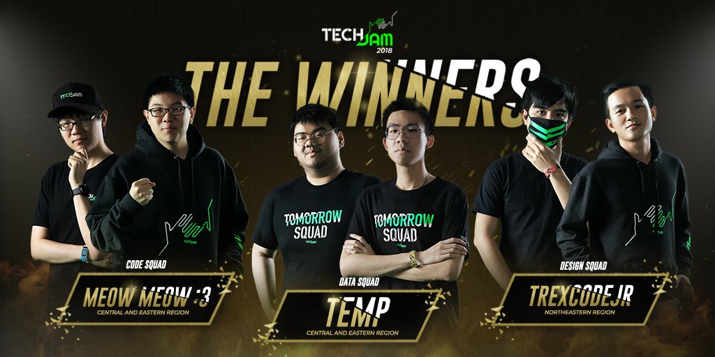 TechJamThailand's tweet image. นี่คือโฉมหน้า TOMORROW SQUAD ของประเทศไทยในปีนี้  
3 ทีมสุดแกร่งผู้ฝ่าโจทย์สุดหินระดับโลก ที่ต้องใช้ทั้งไหวพริบ สติปัญญา  
และสายตาอันเฉียบคม เพื่อชิงความเป็นสุดยอดขุนพลอันดับ1 
ของวงการ TECH และการออกแบบ มาครอบครอง  

#TechJam2018 #TomorrowSquad #WINNERS