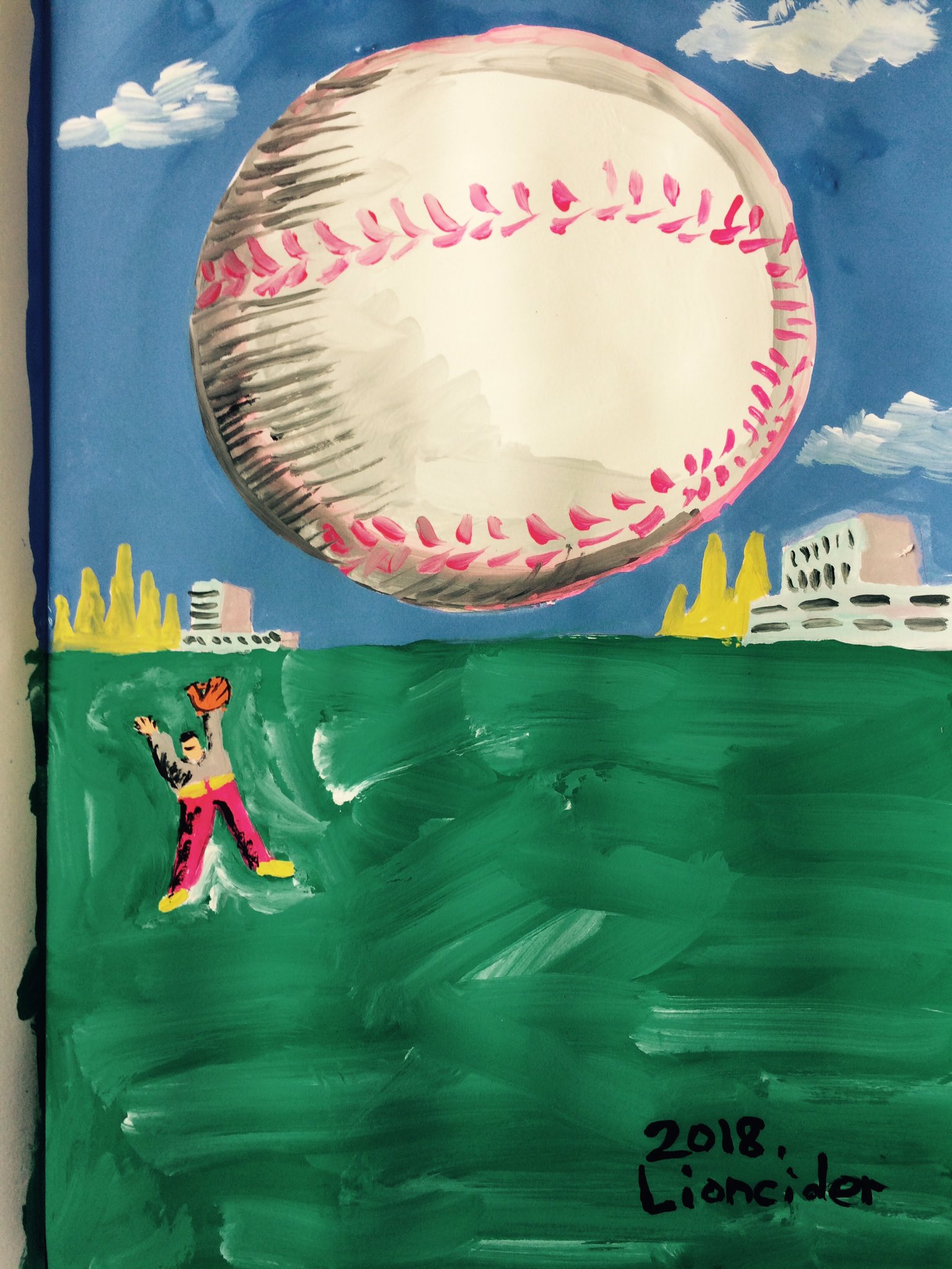 Lioncider 投げるフライを見上げる キャッチボール Illustration Drawing Playcatch Ball Play Throw Baseball Landscape Image Colorful Picture Painting イラスト アクリル絵の具 ドローイング 絵 イラストレーション