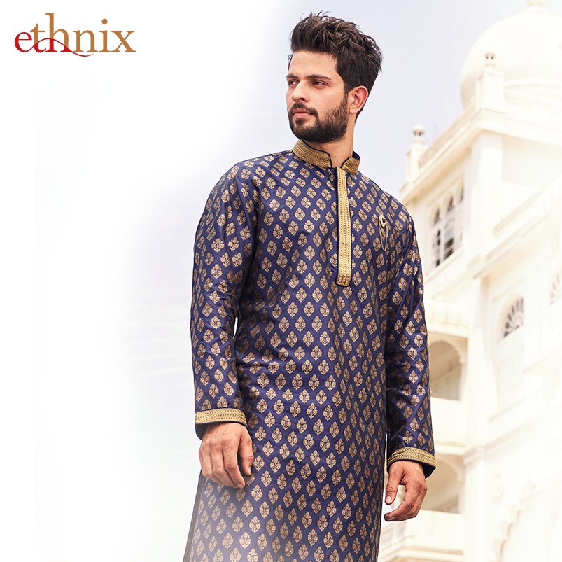 Embossed with elegant golden jacquard print, this navy blue kurta is the perfect choice for a stylish #Diwali celebration. 
#EthnixDiwali 
#Ethnix #DiwaliStyle #MenEthnicWear #MenStyle #EthnicWear #MenFashion