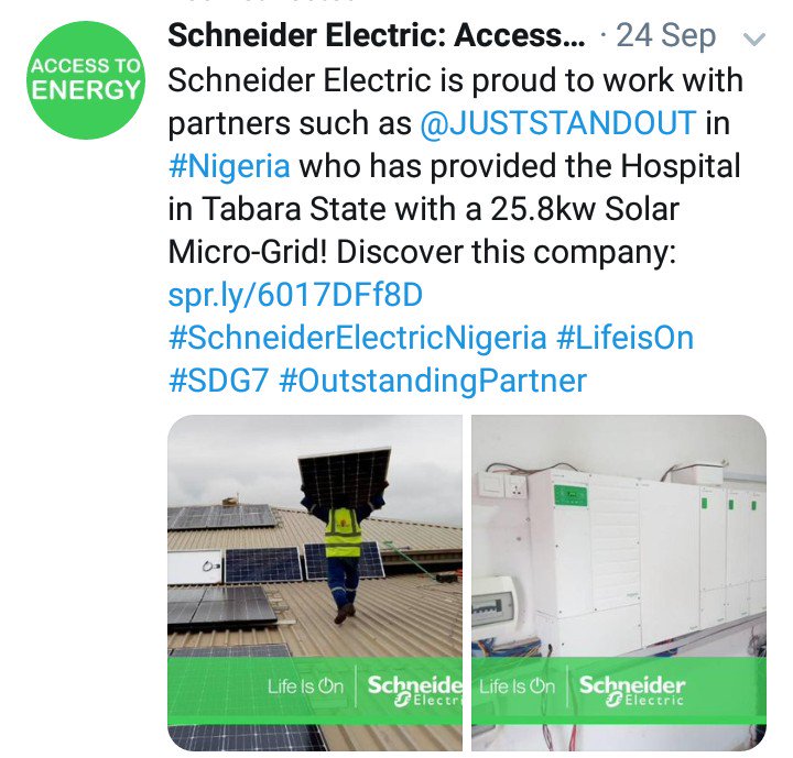 JUSTSTANDOUT's tweet photo. No one (company) ever achieves anything great or outstanding alone.
Juststandout and @SchneiderA2E are partners bridging the kilowatt divide with offgrid solutions in Africa. Together we can do what NONE of us can do alone!#offfgrid #nigeria #microgrid #ruralelectrification https://t.co/EhpESmJ5We