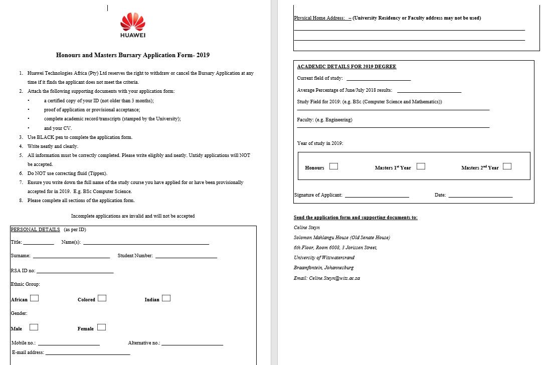 94Maham's tweet photo. Huawei is offering an Honours and Masters Bursary for 2019 for Wits students.

To apply, contact:
Celine Steyn
Solomon Mahlangu House (Old Senate House)
6th Floor, Room 6008, 
University of Witswatersrand 
Email: Celine.Steyn@wits.ac.za

Deadline: 16 November 2018 https://t.co/kCiDEV6Oyc