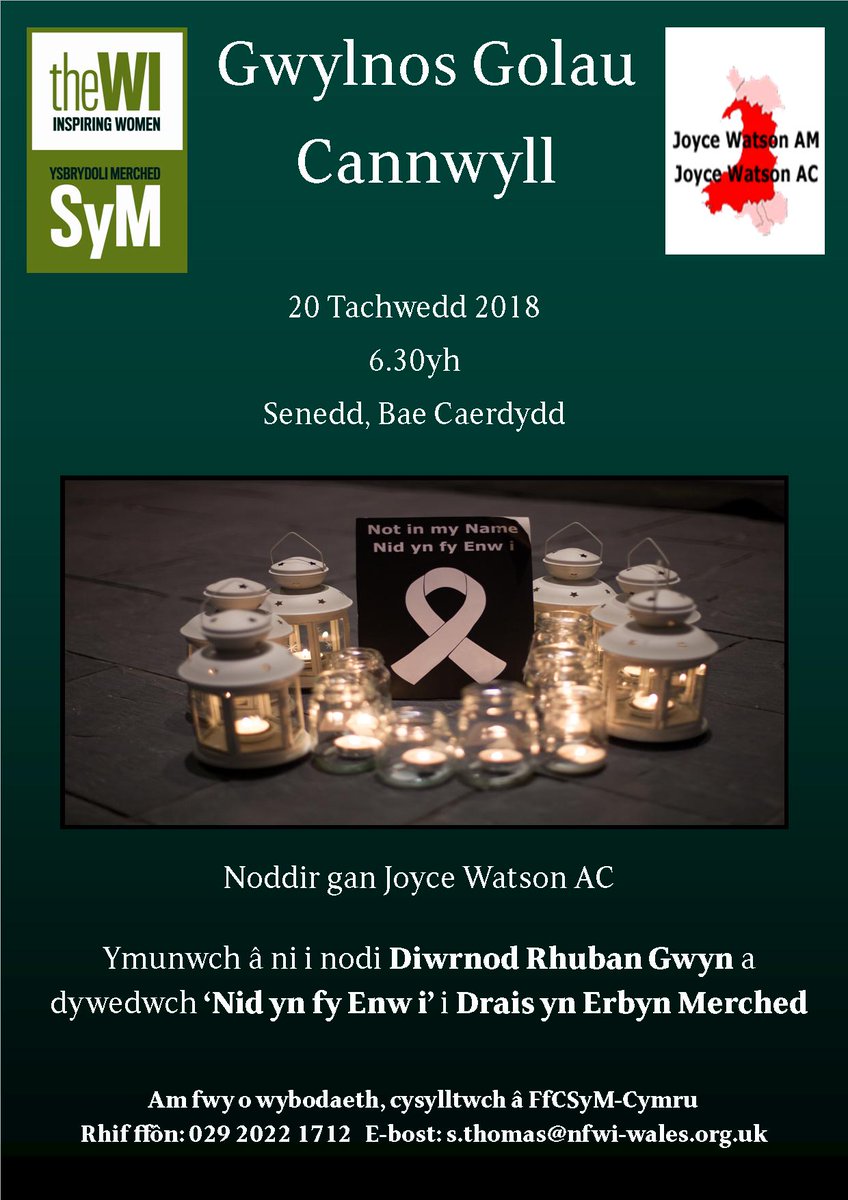 NFWIWales's tweet photo. We will be holding a Candlelight Vigil, sponsored by @JoyceWatsonam, at the Senedd on 20 November at 6.30pm to mark #WhiteRibbonDay. Join us to hear from ambassadors and to take part in a short walk around the @YPierhead to show solidarity with victims of VAW across the world. https://t.co/yaFpCReKhX