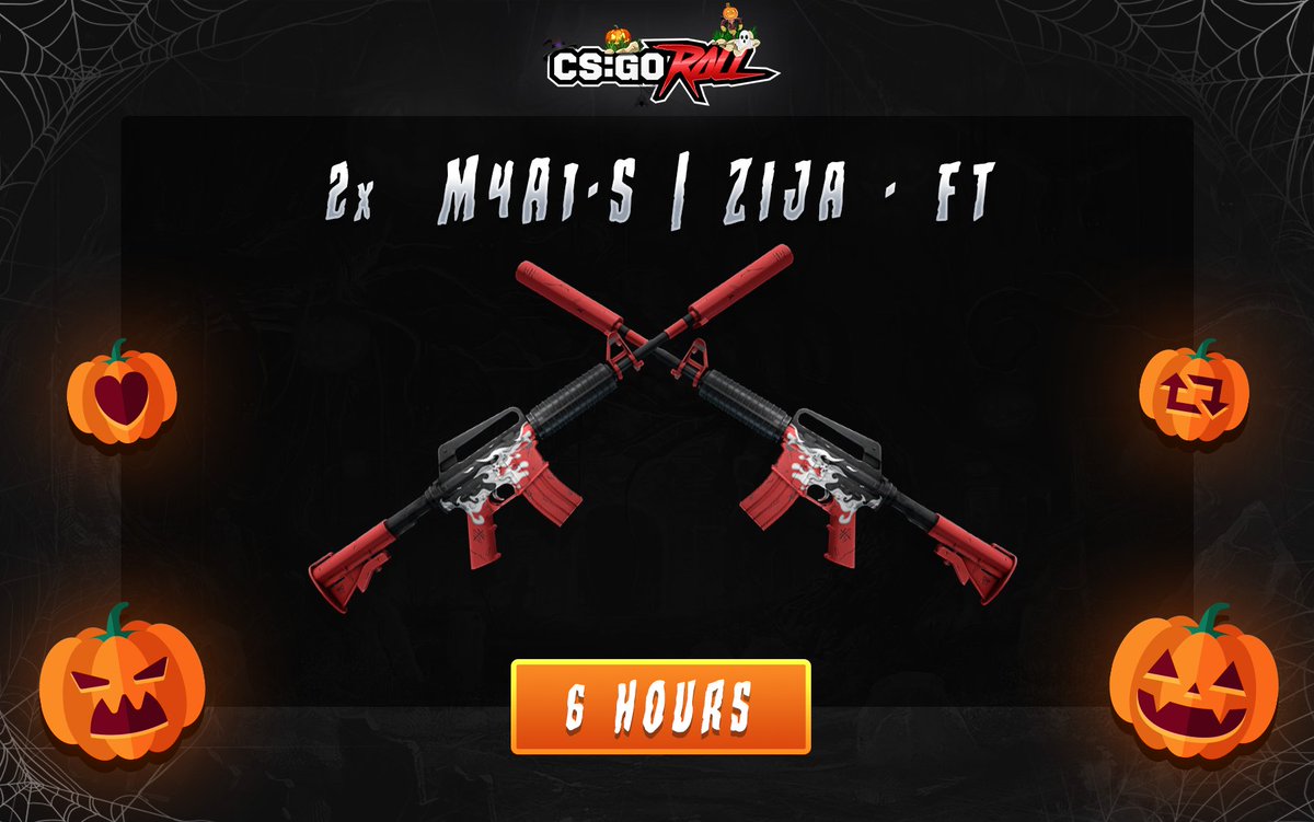 2x M4A1-S | Zija - FT GIVEAWAY 🎁 

- Follow &amp; Retweet
- Visit: CSGORoll.com   
- Tag 1 friend &amp; Reply with your favorite VGO Skin
- Enable notifcations on CSGORoll

2 winners, good luck 🎃👻