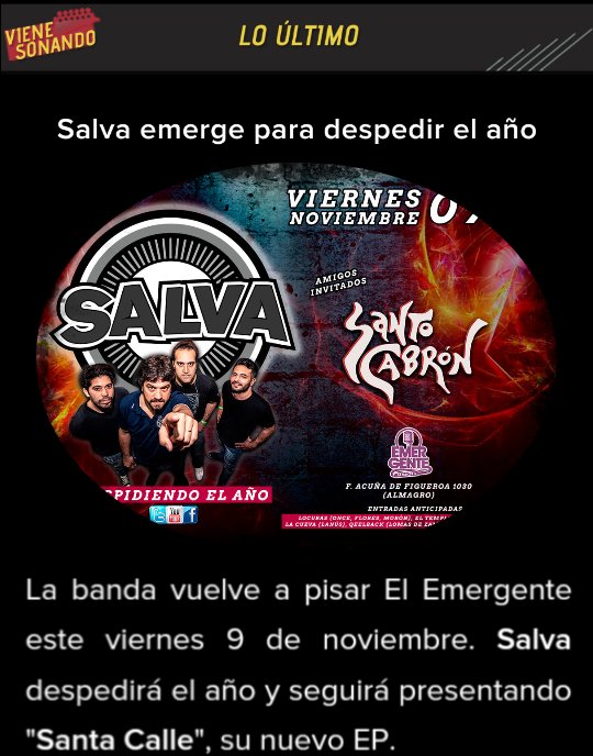 #LoUltimo <a href="/SalvaOficial_/">SALVA</a> se presenta este viernes 9/11 en <a href="/elemergenteclub/">El Emergente Almagro</a> desde las 21 hs junto a Santo Cabrón.
Enterate de todo en esta nota:vienesonando.weebly.com/lo-uacuteltimo…
