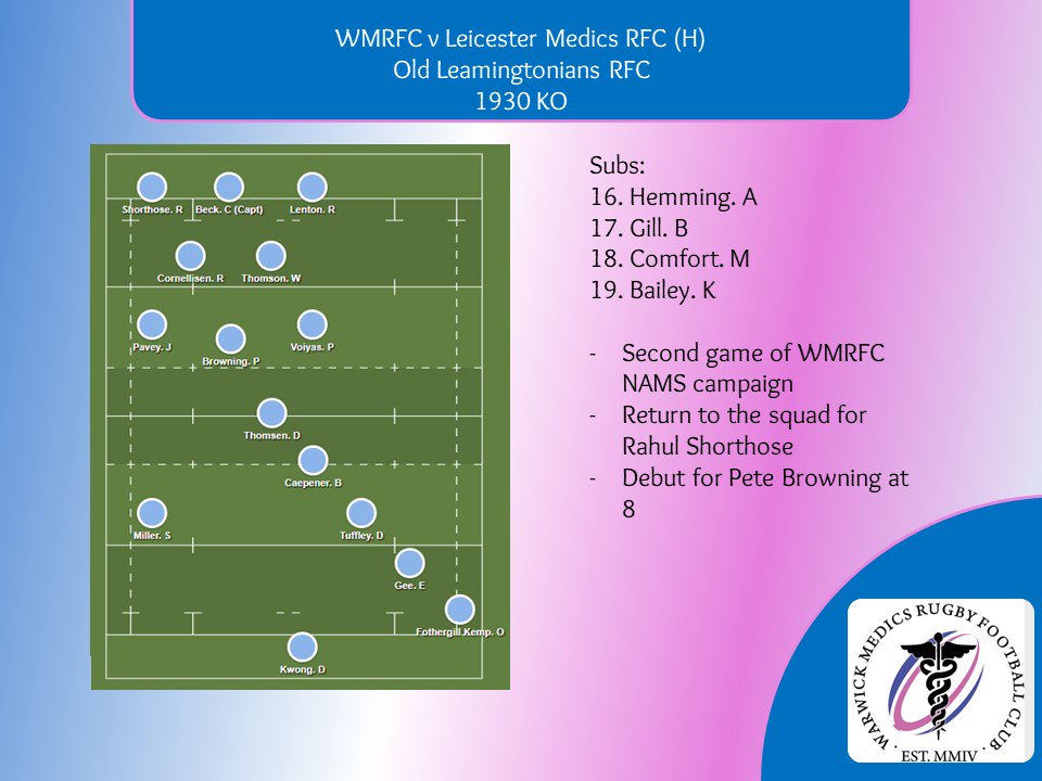 Team to face <a href="/LMRFCofficial/">Leicester Medics RFC</a> in <a href="/NAMSRugby/">NAMS Rugby Union</a> tomorrow night.  

📅 Weds 07.11.18
⏰1930 KO
🏘️<a href="/olrfc/">Old Leamingtonians RFC</a> CV32 6QP
🍺Bar open

Warwick looking to get a home W after two narrow defeats last year.
